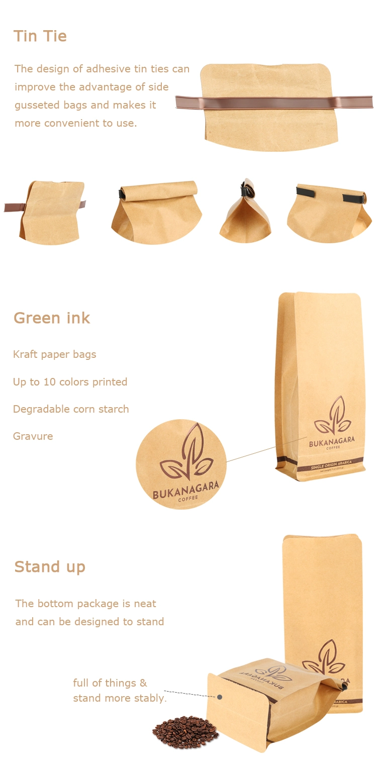 Custom Printed Zip Lock Food Packing Biodegradable Kraft Paper Flat Bottom Coffee Tea Packaging Bag